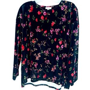 J. Jill Black Velour 3/4 Sleeve Top with Red Pink Floral Print Size Medium.